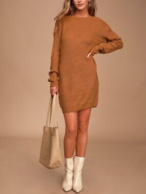 Lulus Bringing Sexy Back Camel Backless Sweater Dress Brown - Size XS